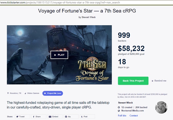 Voyage of Fortun's Star at 999 backers on 5th October 2016